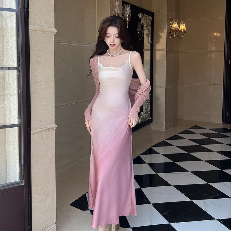 Robe printemps/automne dégradée tie-dye avec découpe au dos exquise et jupe longue élégante