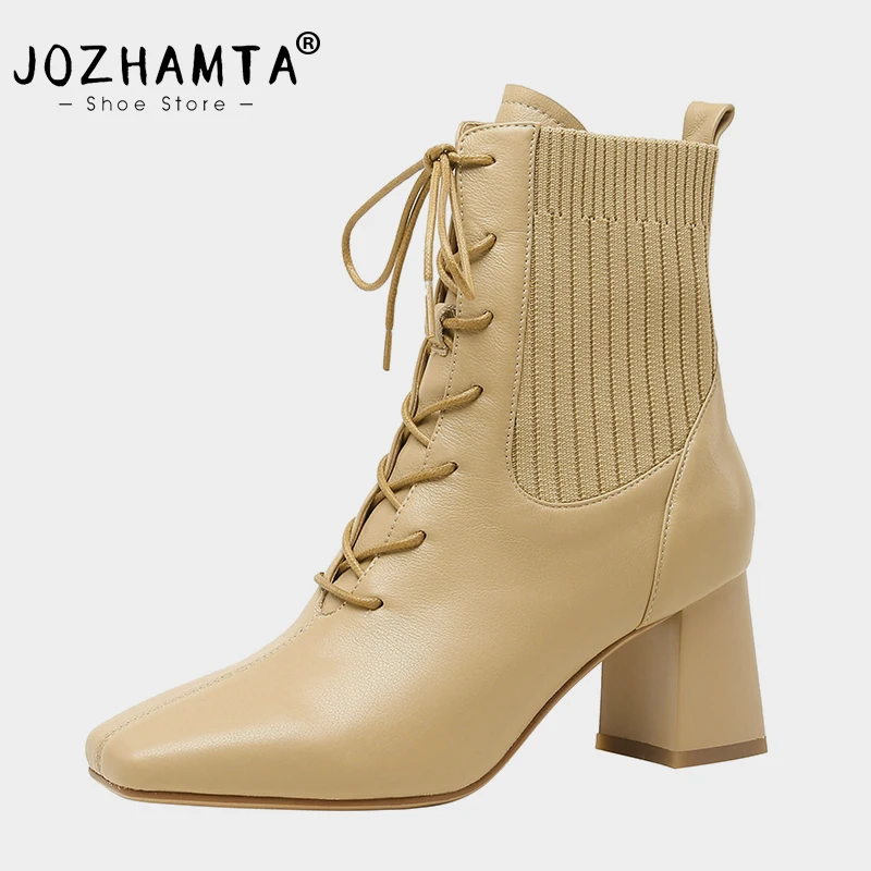 

JOZHAMTA Size 33-40 Women Ankle Boots Real Leather High Heels Shoes For Women Platform Boots Fashion Lace-Up Short Boots