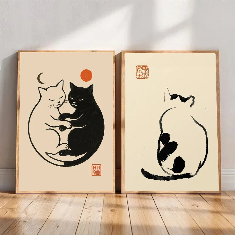 Multiple sizes 1pc frameless Canvas Painting,1pc frameless Canvas Painting Minimalist Japanese Cat Poster Black Cat By Matsumoto