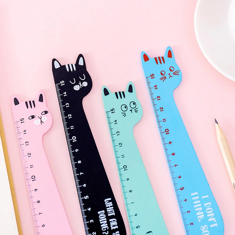 4 Piece Lytwtw\'s Cat Candy Color Kawaii Stationery Cartoon Drawing Gift Korean Office School Kitten Straight Wooden Ruler