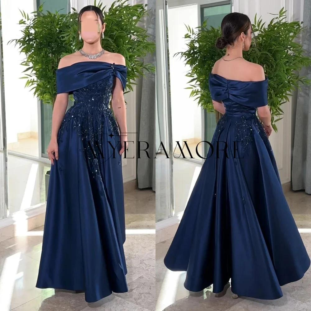 

Exquisite Off the shoulder Evening Dresses Deep Blue A-Line Beaded Applique Homecoming Dresses Customized فساتين سهرة