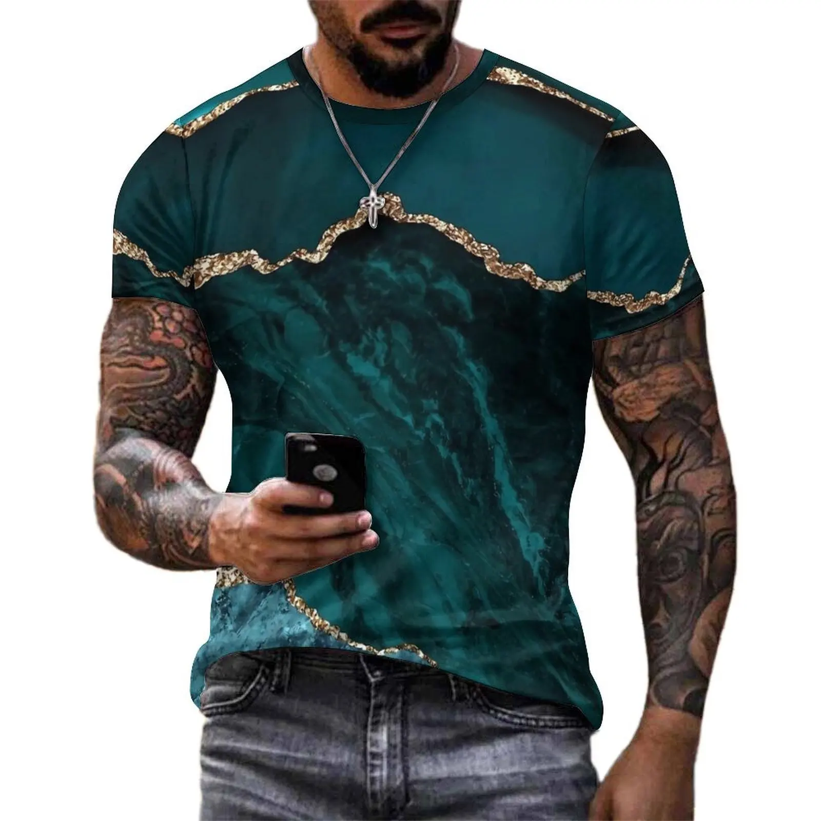 Plus Size T-Shirt Summer Blue And Teal Marble Print T-Shirts  Kawaii Round Neck Tee Shirt Men Popular Custom Top Tees