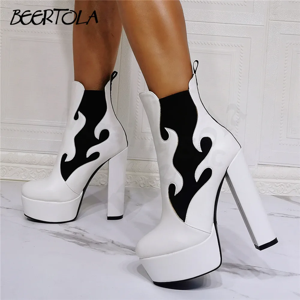 Women's Multi-Color Flame Ankle Boots Sexy Y2K Music Festival High Platform Boots Large Size Thick Heel High Heel Ankle Boots