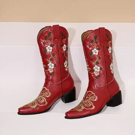 2024 Women\'s Autumn and Winter Thick High Heels Square Toe Sleeve Boots European and American Retro Embroidered Short Boots