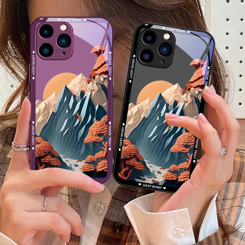 

High mountain sunset Purple for iPhone 15 Pro 14 13 12 Mini 11 XS Max XR 7 8 Plu SE 2020 2022 Black Tempered Glass phone case