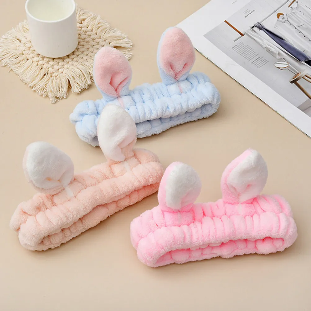 

Набор из 4 мягких эластичных повязок на голову с кроличьими ушками для умывания и макияжа, для домашнего использования, милые и практичные повязки для волос