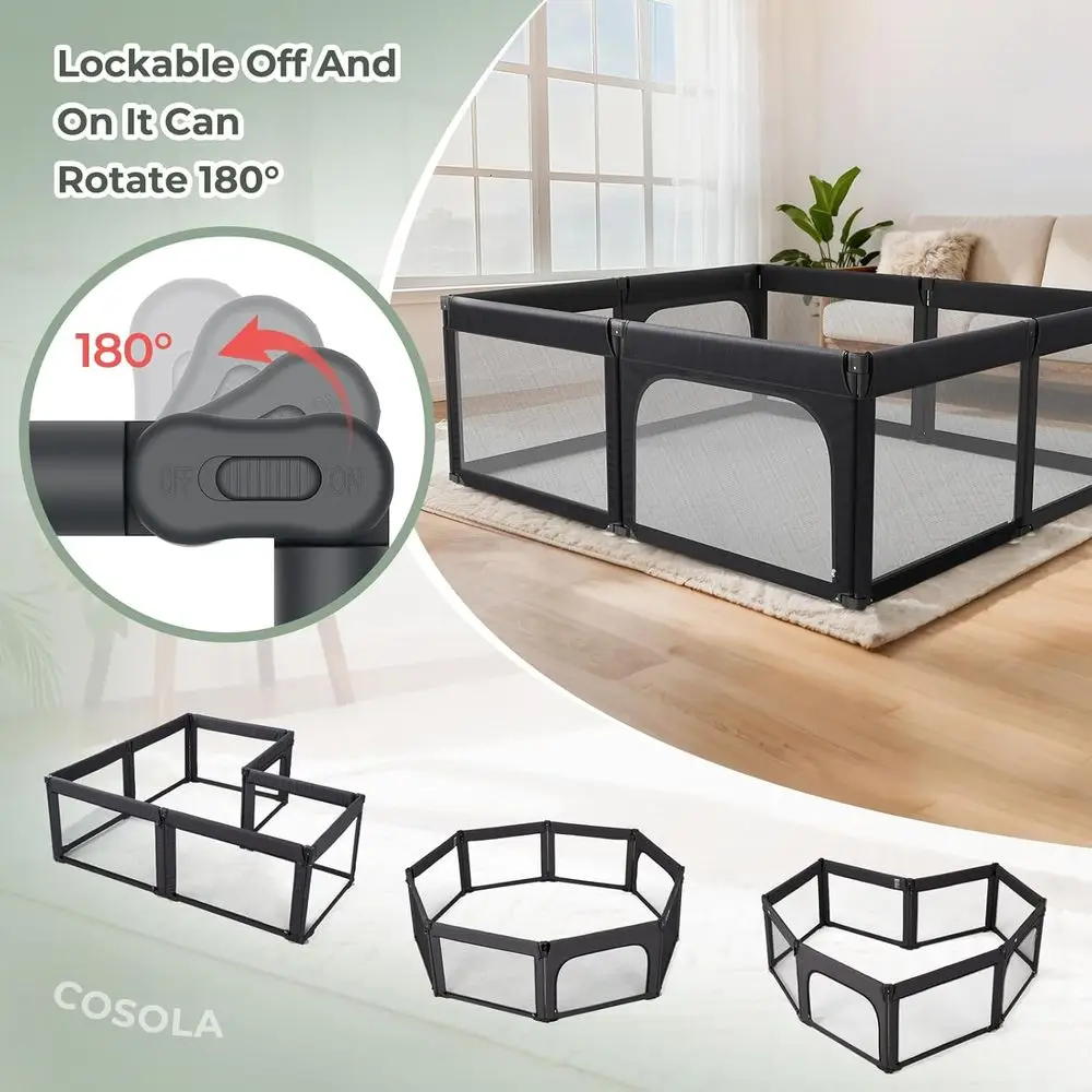 Adjustable Toddler Playpen, Large 79x71 Folding Safety Mesh Playard, Portable Baby Play Area Fence, Black