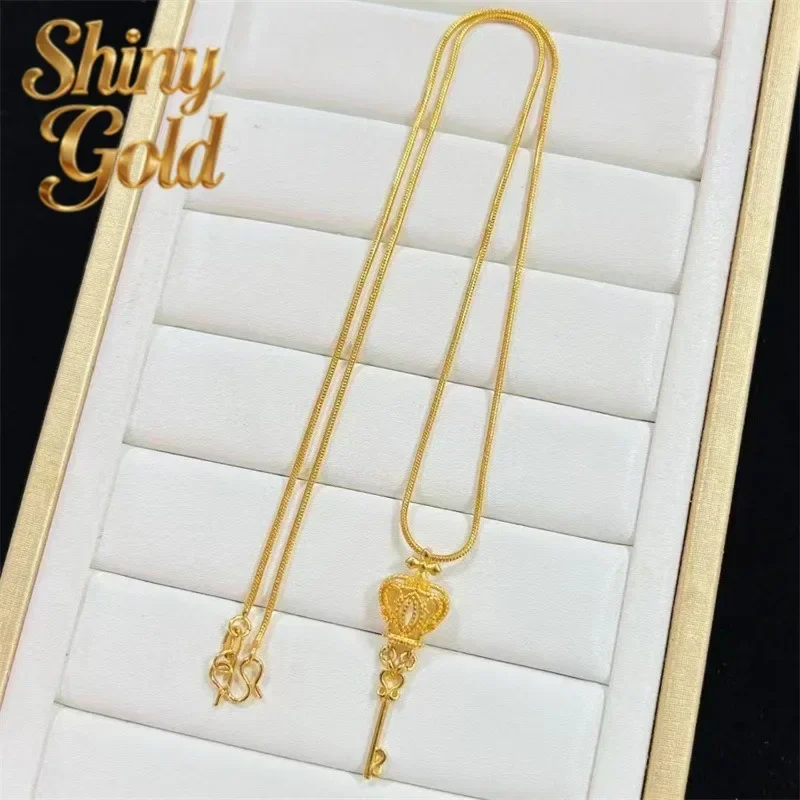 

Ожерелье ShinyGold 9999 с подвеской в виде короны и ключа, цепочка из золота 24K, женская цепочка-змейка, свежее и нежное ожерелье