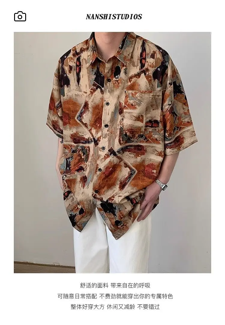 Retro flower short-sleeved shirt men's summer thin American trendy brand handsome loose casual three-quarter sleeve shirt tops