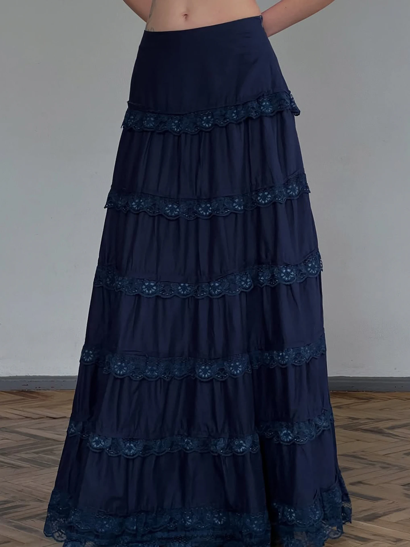 Vintage Y2K Volant in pizzo Impiombato Blu scuro Torta a strati Gonne arricciate per le donne Harajuku Gonna a trapezio ampia e versatile a vita bassa