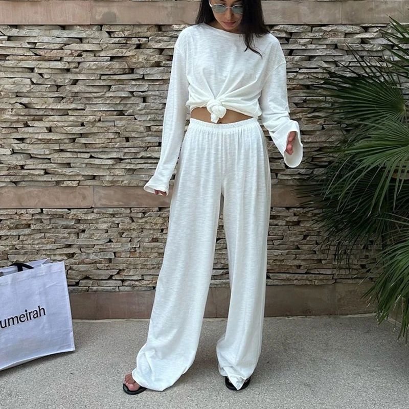 

Fashion Casual Trousers Outfit Spring Women Long Sleeves O-neck Pullover Top+High Waist Loose Wide Leg Pant Autumn Two Piece Set