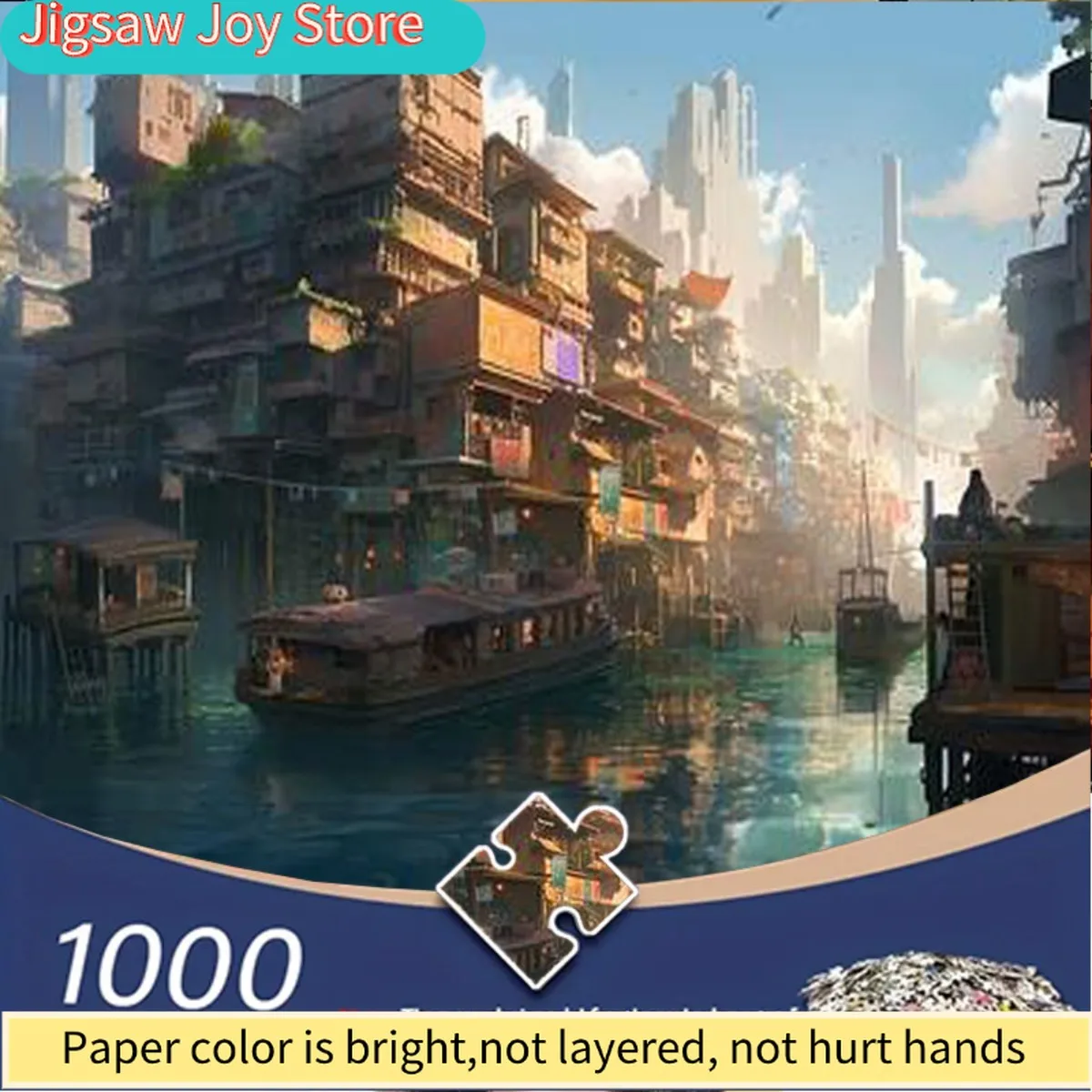 

1000pcs Adult Jigsaw Puzzle - Large City Waterfront with Boats & Historic Buildings, Blue Sky White Clouds Scenic Coastal/Urba
