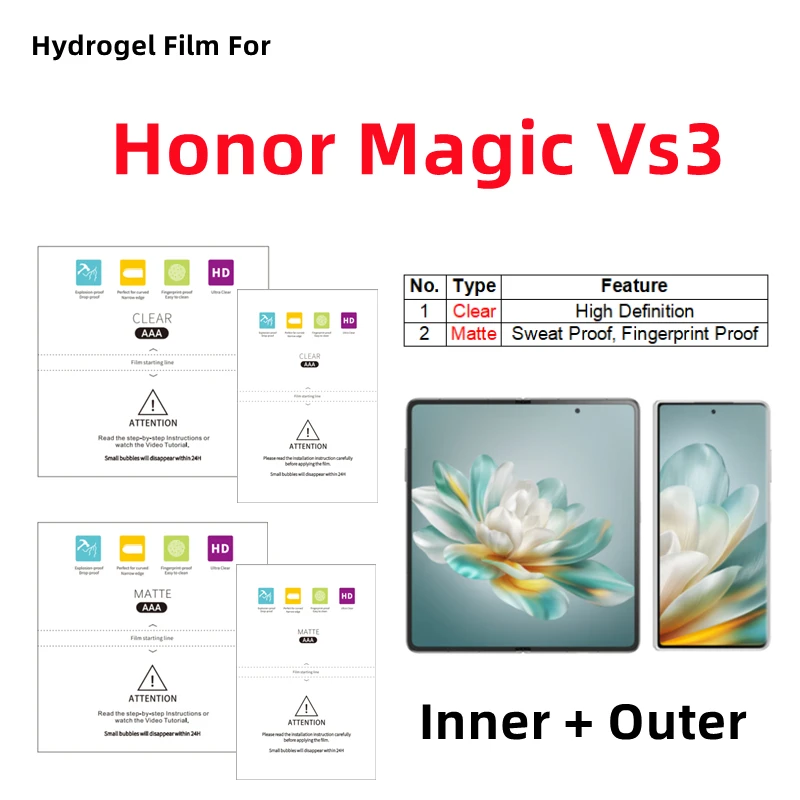 Inner + Outer Matte Hydrogel Film For Honor Magic Vs3 HD Protective Film Folding Phone Honor Magic Vs3 Clear Screen Protector