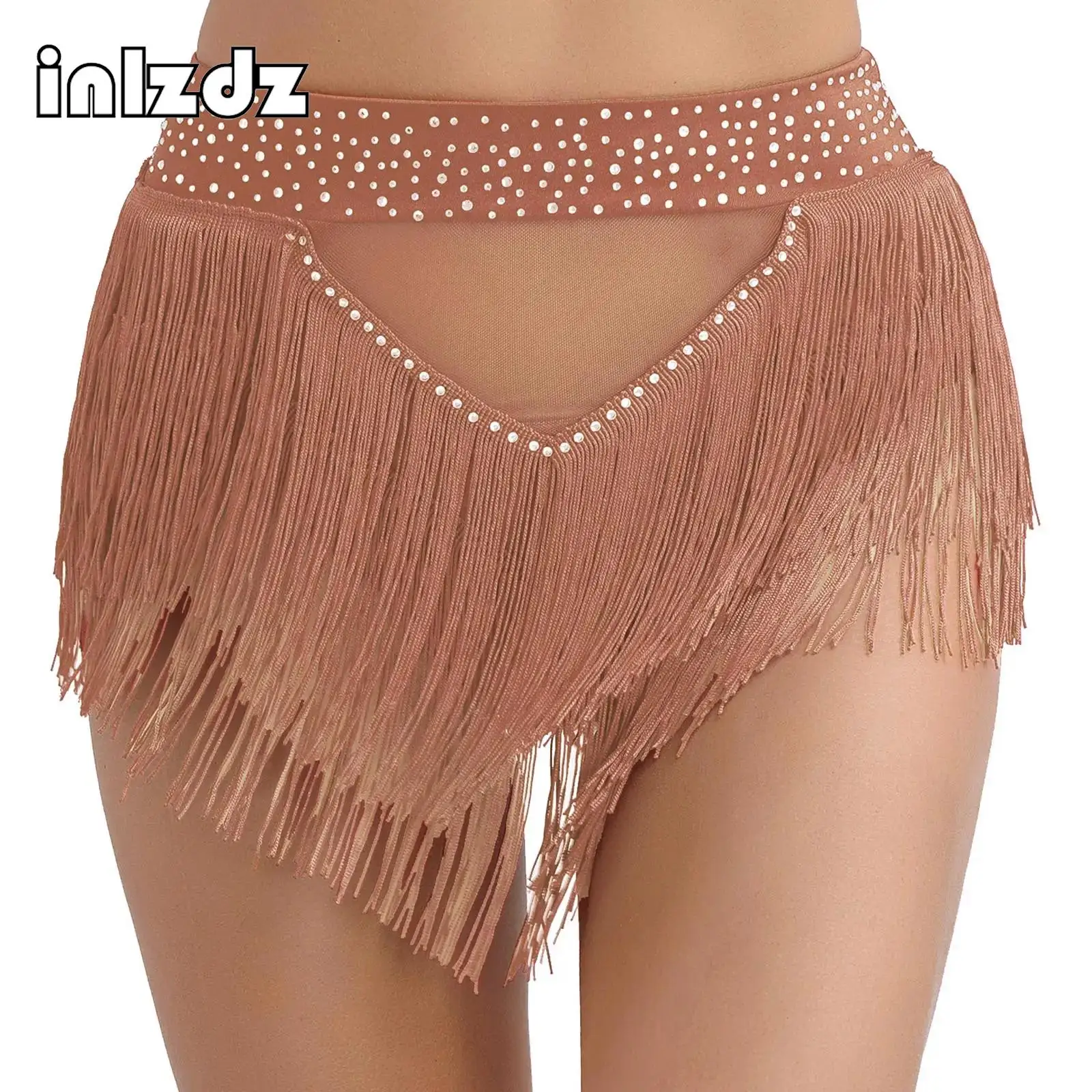 

Women High Waist Latin Dance Skirt Cotumes Rhinestone Tassel Fringe Ballroom Samba Tango ChaCha Belly Dance Shorts Underwear