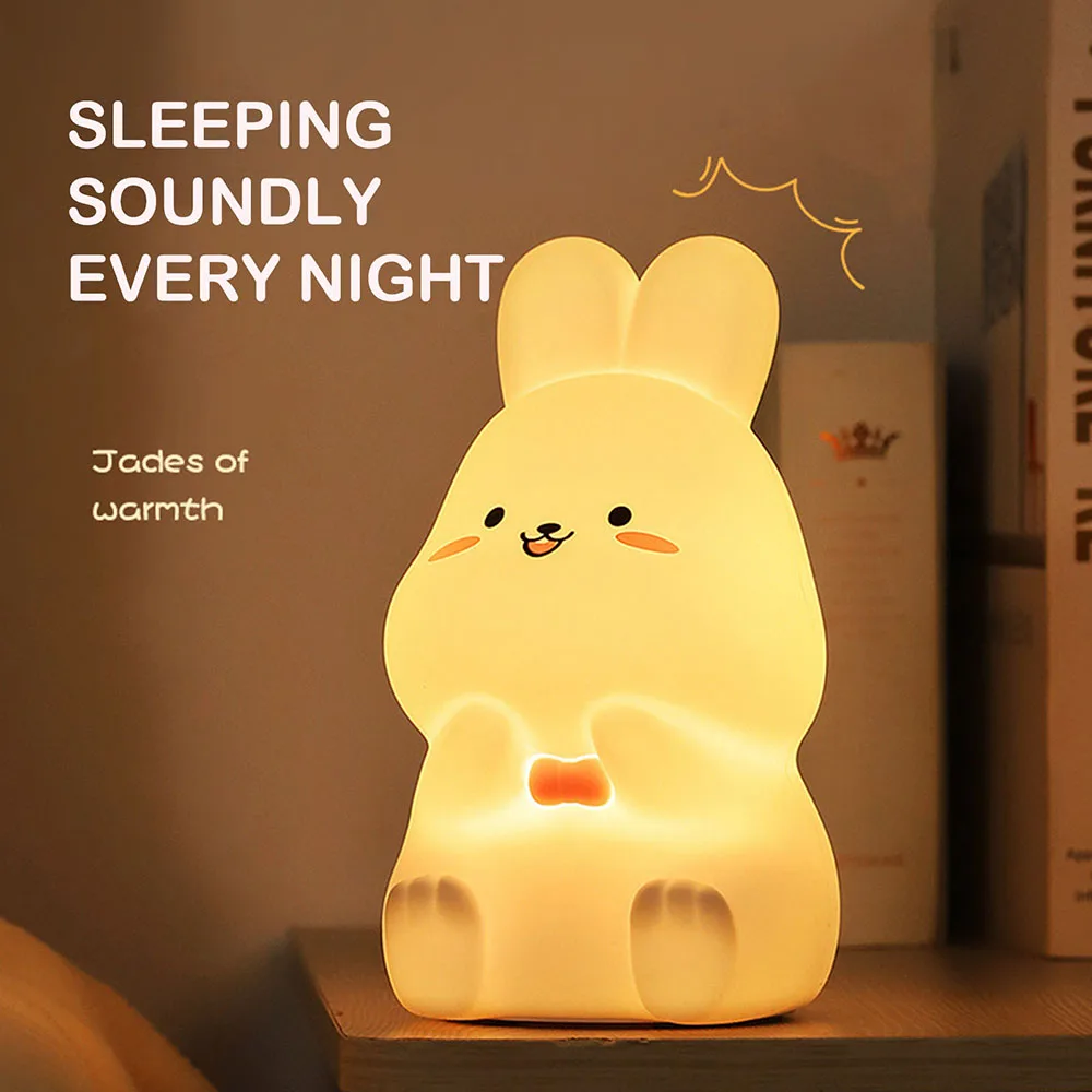 Adorável Coelhos Silicone Night Light, Desk Night Light, Crianças, Crianças, Decoração do quarto de adultos, Lâmpada recarregável