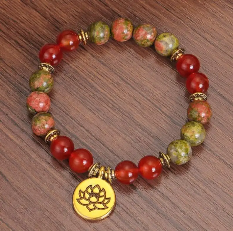 Unakite Bracelet-Carnelian Stone Grounding Healing Balance Calming Bracelet-Spiritual Protection Meditation Anxiety