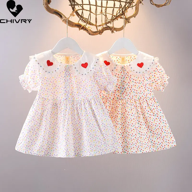 

Girls Summer Fashion Dress New 2023 Baby Girl Sweet Heart Print Short Sleeve Lapel Princess Dresses Kids Clothes Vestidos