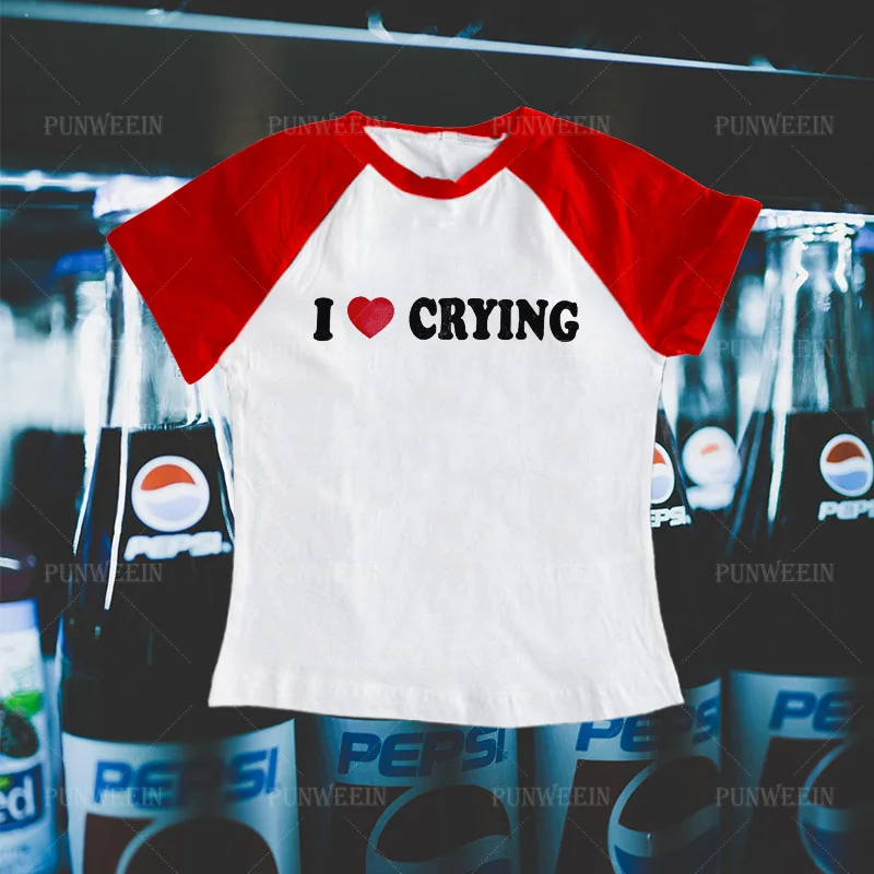 I Love Crying Letter Crop Tops Womens Short Sleeve Splicing T Shirt Harajuku Fashion ​Slim Streetwear Punk Vintage Y2K Style Top