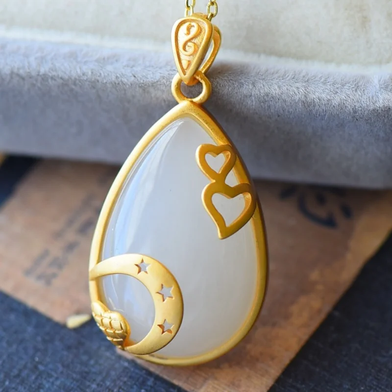 SGARIT Natural Hetian Mutton Fat White Jade S925 Silver Waterdrop Pendant 17*34mm Ancient Gold-Plated Heart Moon Accent Necklace