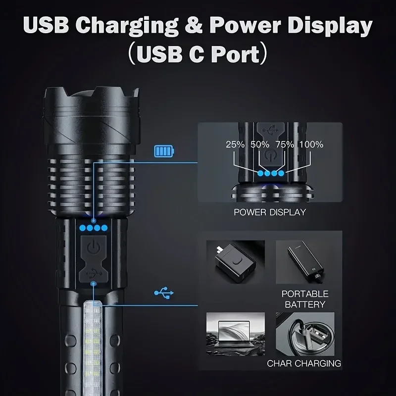 강력한 LED 손전등 배터리 표시등 USB 충전식 라이트 텔레스코픽 줌 토치 램프 야외 캠핑 낚시 랜턴 썸네일 3