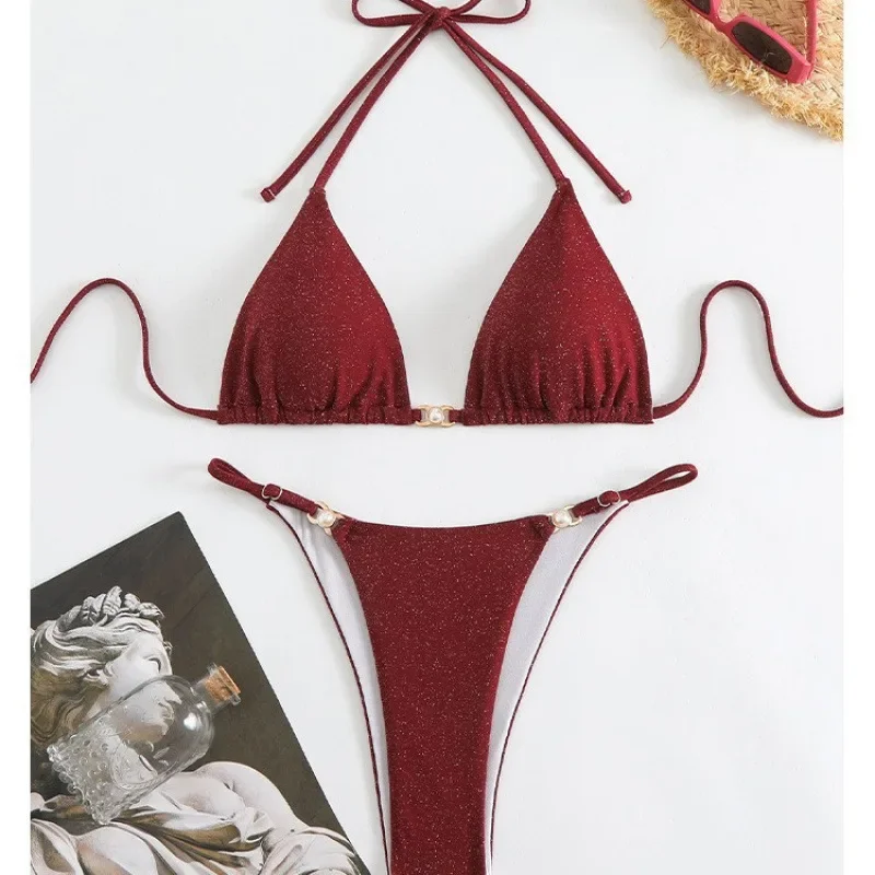 

New 2025 Pure Color Drawstring Halter Bikini Two-Piece Swimsuit Women's Fashionable Strapless Neckline Swimwear
