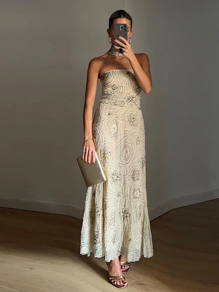 

Тонкий топ без бретелек из бисера, комплект из двух предметов, женская свободная юбка с завязкой на талии, женский комплект, женские длинные юбки, костюмы