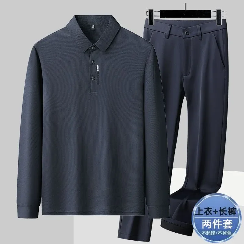 Men Lapel Long Sleeve Polo Shirt Straight Trousers Two Piece Casual Set For Middle Aged Dad