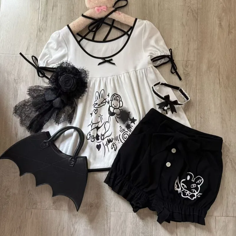 

Japanese Subculture Cute Cartoon Rabbit Print T-shirts Women Kawaii Bow Design Short-sleeve Tees Harajuku Sweet Girl Lolita Tops