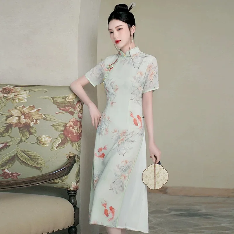 

Летнее женское платье Aodai Vietnam Dance Cheongsam с короткими рукавами в стиле ретро с цветочным принтом, свадебное вечернее платье