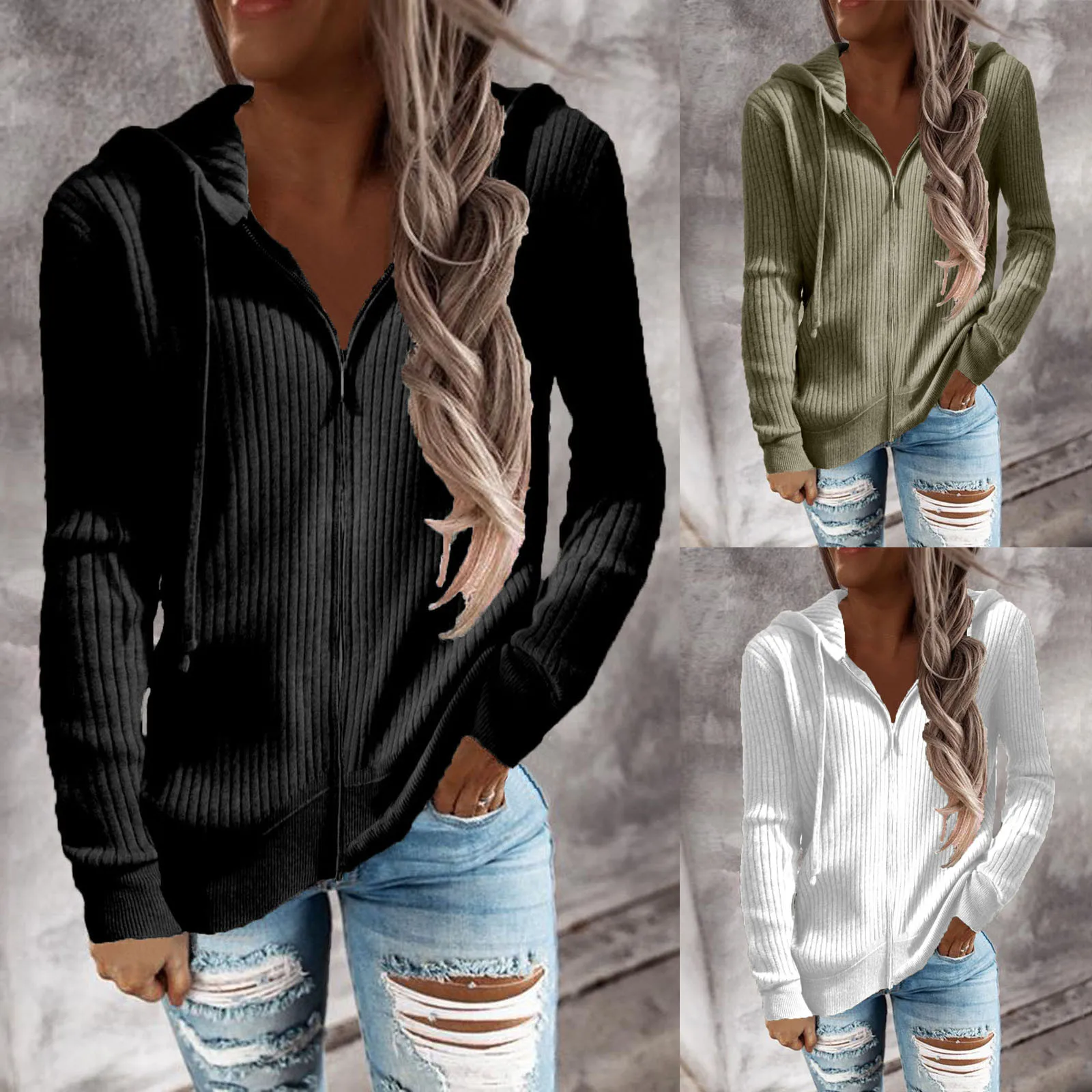 Womens Long Sleeve Hoodie Tops Women Drawstring Dressy Casual Ladies Solid Color Zipper Cardigan Jacket Blusas Holiday Work Wear