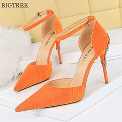 Metal Heel Fashion Women Dress Sandals Summer Soft Corduroy Orange Pink Black Shoes Female Pointed High Heels Buckle Pumps Party