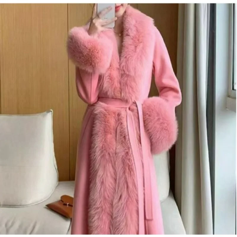 New Style Faux Fur and Westernized Long Winter Fur Jacket Faux Fox Fur Collar Popular Fashion Socialite White-collar Cozy Jacket