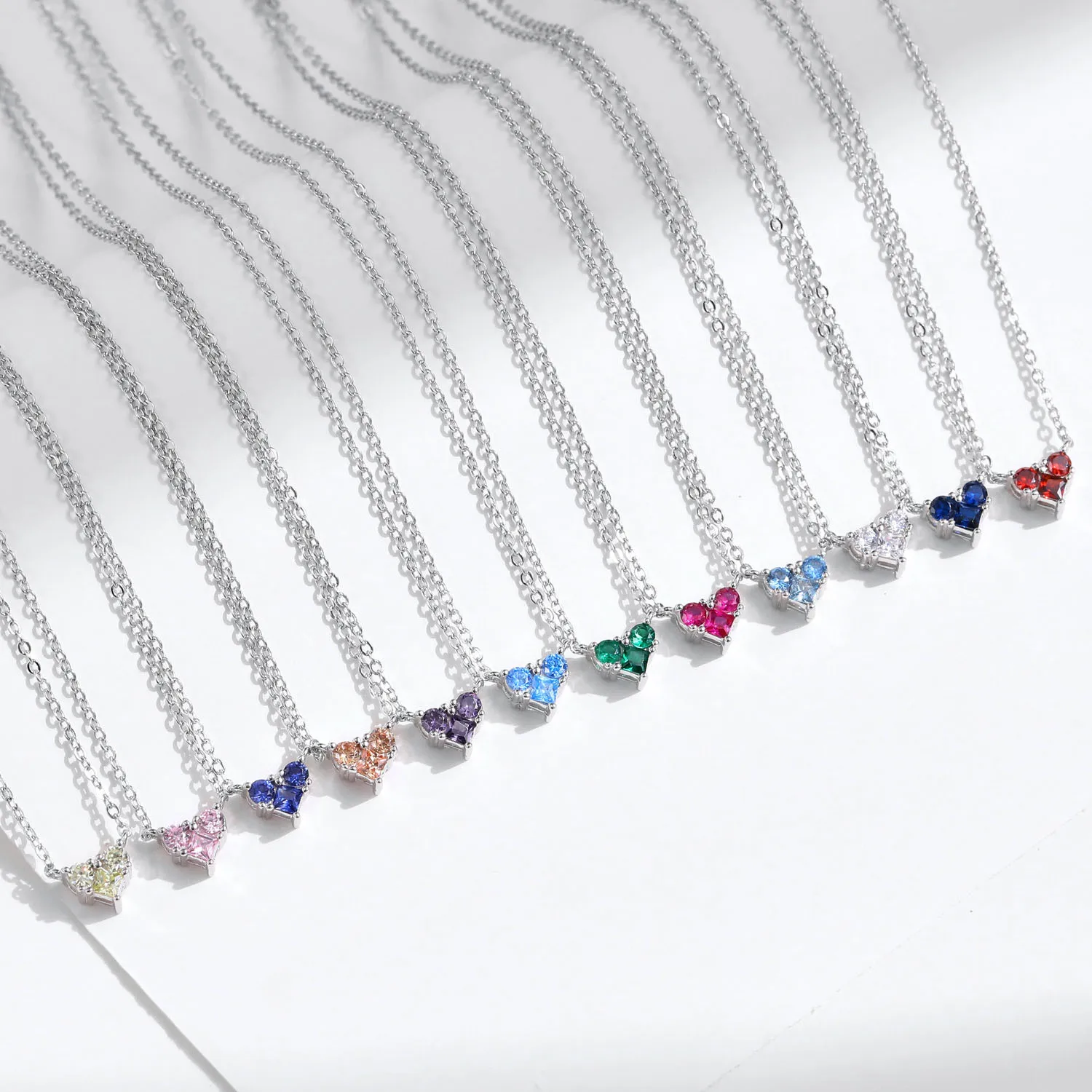 Fashion 925 Sterling Silver Birthstone Pendant Necklace Polychrome Heart-Shaped Clavicle Chain Hypoallergenic Girl's Gift