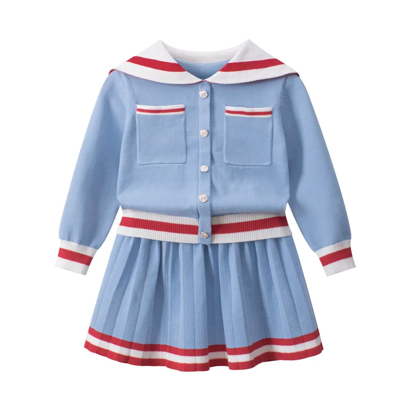 

Autumn new girls fashion cute navy style multi-pocket sweater + pleated skirt sweater two-piece set