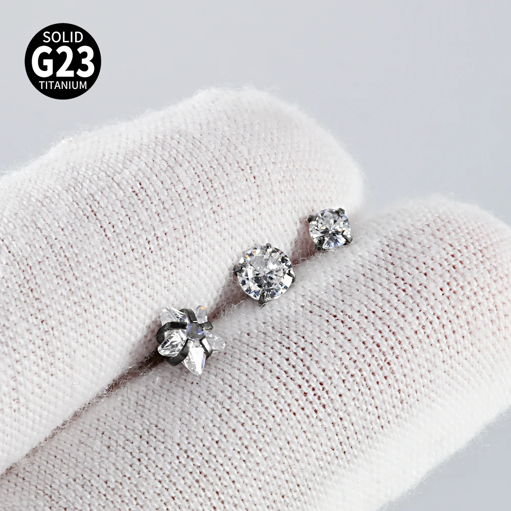 1-4PCS G23 Titanium Curved Belly Button Ring CZ Flat Back Navel Piercing Barbell Labret Lip Stud Star Heart Round Zircon Earring view 2