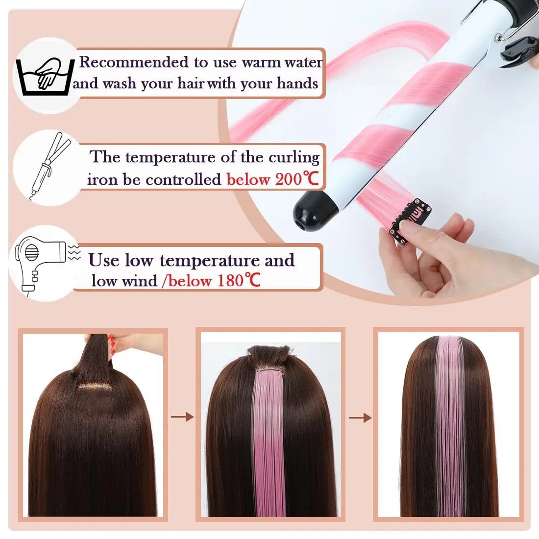12 PCS Synthetic Hairpiece Black Hair Extensions Clip in, Colored Party Highlights Extension for Girls Women Straight 22 inch