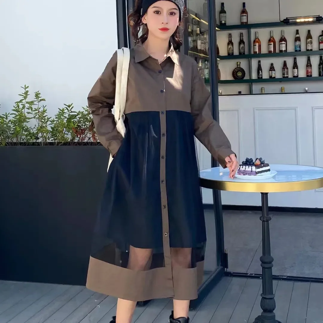 SuperAen Spring 2023 New Mesh Stitching Contrast Long Shirt Dress Women Streetwear Design Long Shirt Dress