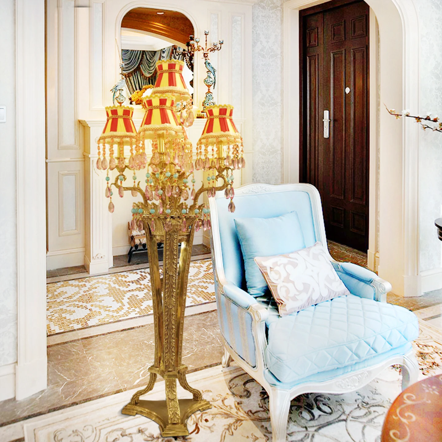 European Mid Century Royal Design Living Room Sofa Edge Brass Floor Lamp French Luxury Crystal Bedroom Study Stand Light