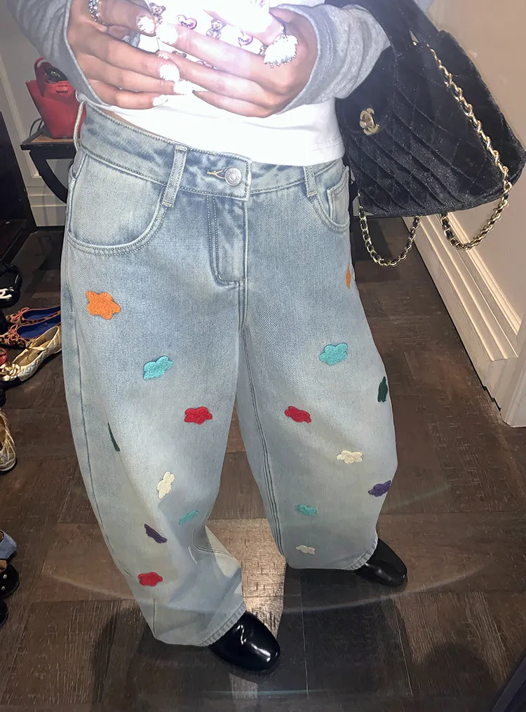 Y2K Floral Jeans Women American Style Spring Embroidered Denim Wide Leg Pants