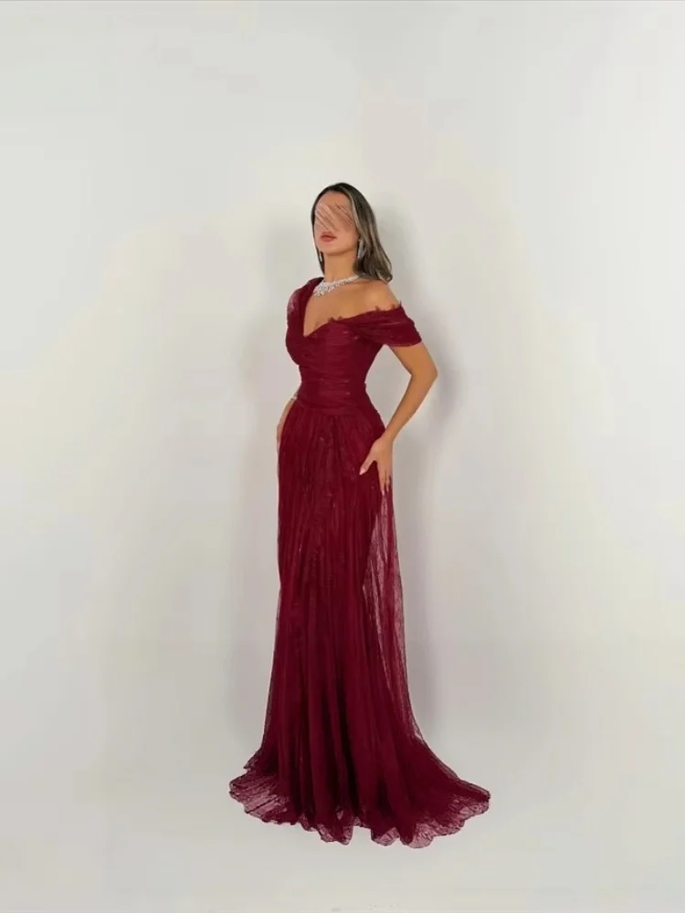 Elegant Burgundy Off Shoulder V Neck Tulle Mermaid Gown Pleated Formal Evening Dress For Women Wedding Party