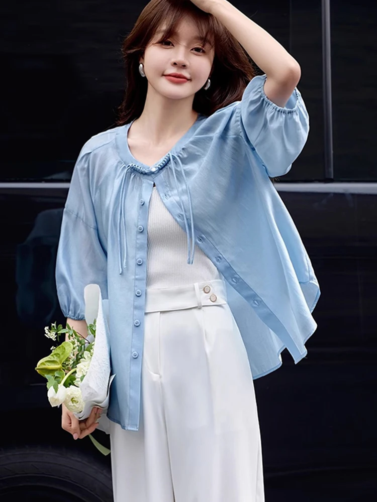 قميص نسائي فضفاض بلون واحد للتنحيف بأكمام ثلاثة أرباع عصري على الطراز الكوري قصة مستقيمة جديد للصيف