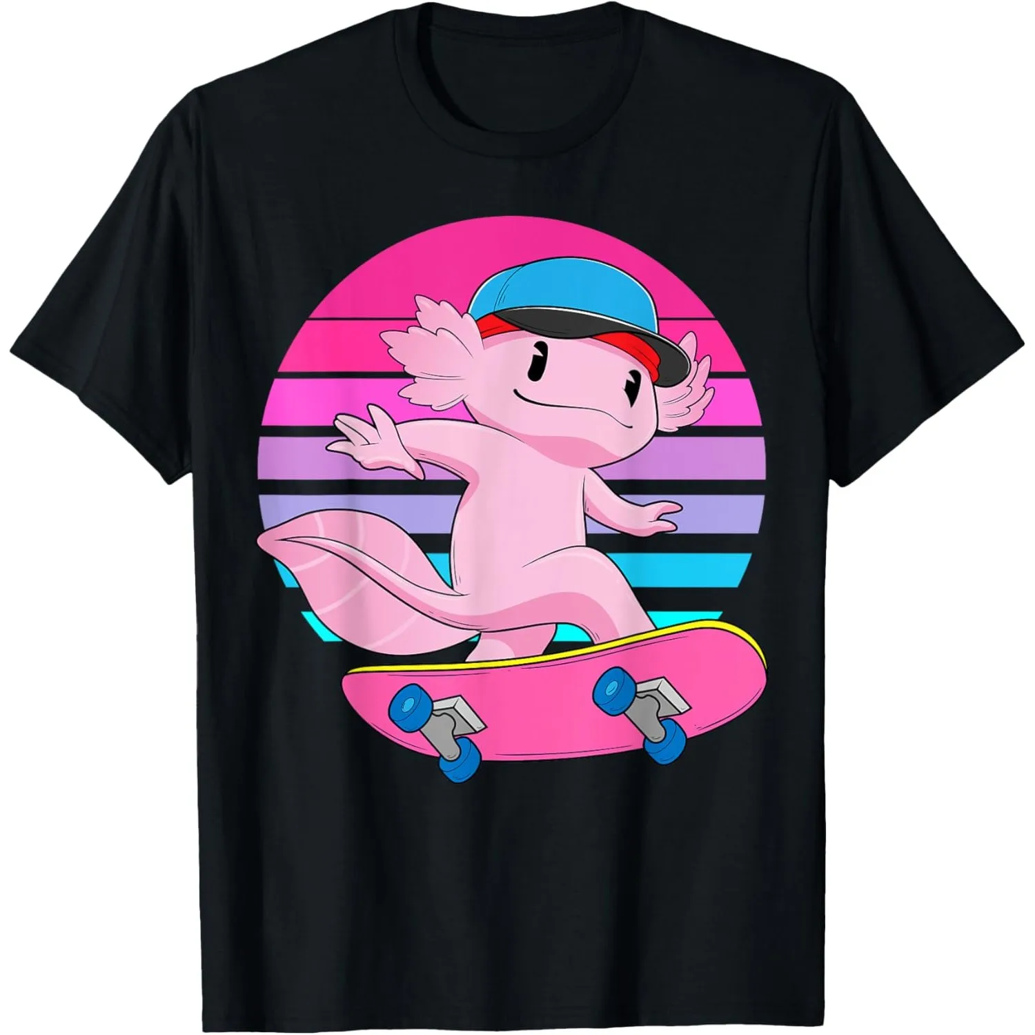 Skateboarding Axolotl Retro Sunset Graphic Tee Funny Skater Men's Short Sleeve T-Shirt