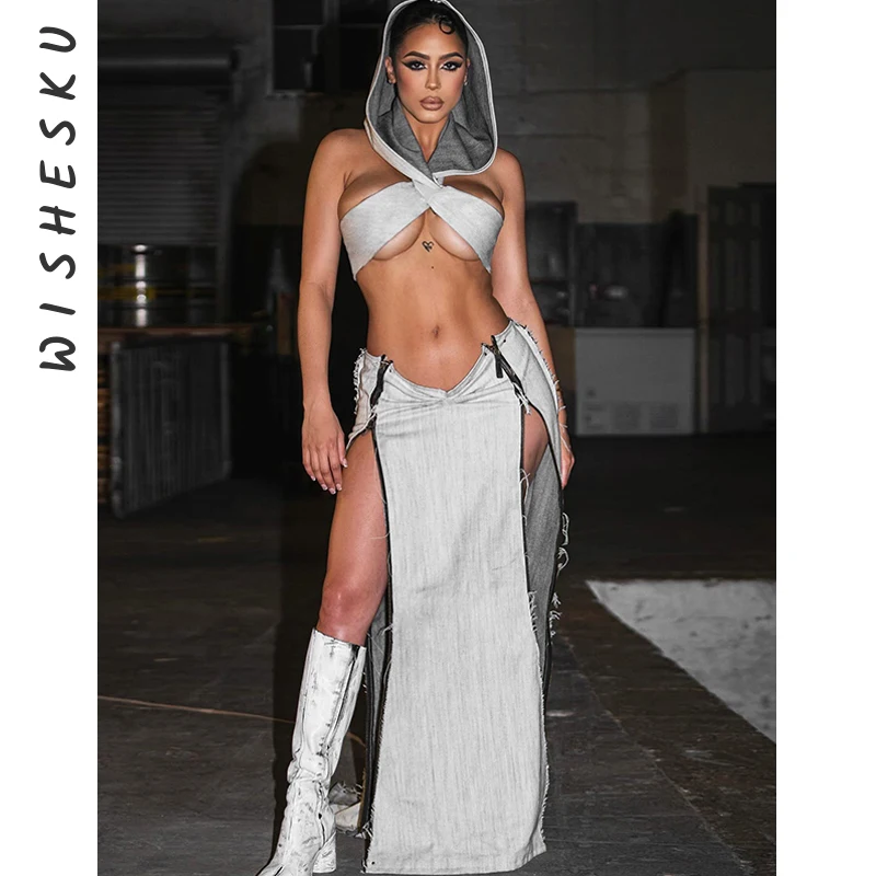 Two Piece Set Women Hooded Cross Wrap Beast Camisole Top+High Waist Slit Casual Maxi Skirts Outfits 2024 Summer Grunge Clothes