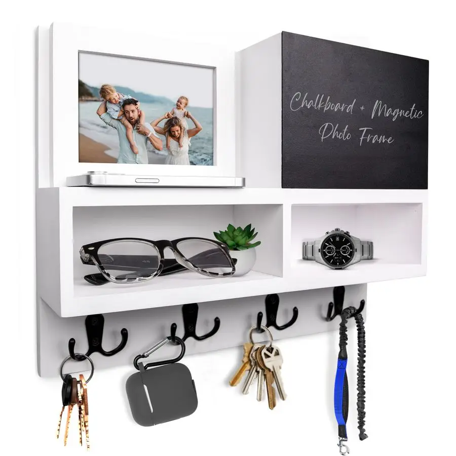 

Key and Mail Holder for Wall with Chalkboard Magnetic Picture Frame Key Holder Wall Mount, White, Dual Storage amp Cupboards