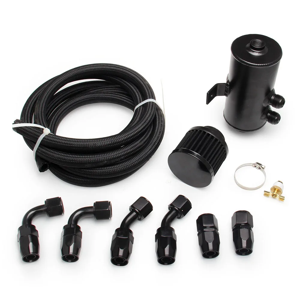 Car Racing Universal 2 Ports Oil Catch Can Tank Alloy Baffled Motor Oil Catch Can 0.75L 10AN With 10ft Hose Set And Fittings Kit