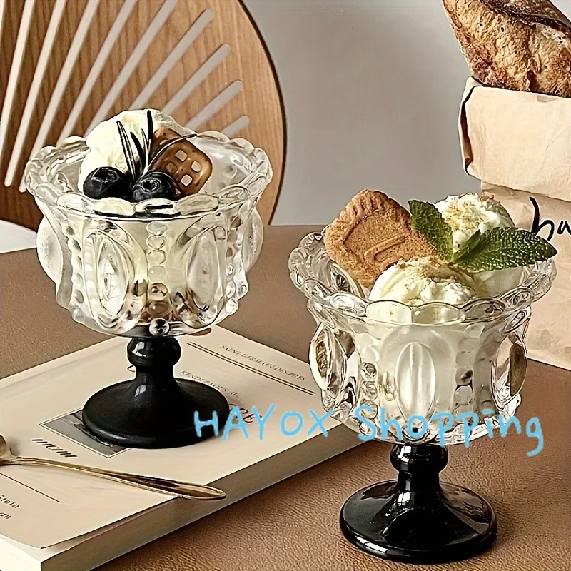 Copa de postre de vidrio geométrico negro, taza de pudines de yogur, helado de café creativo en relieve Retro para familias, dormitorios