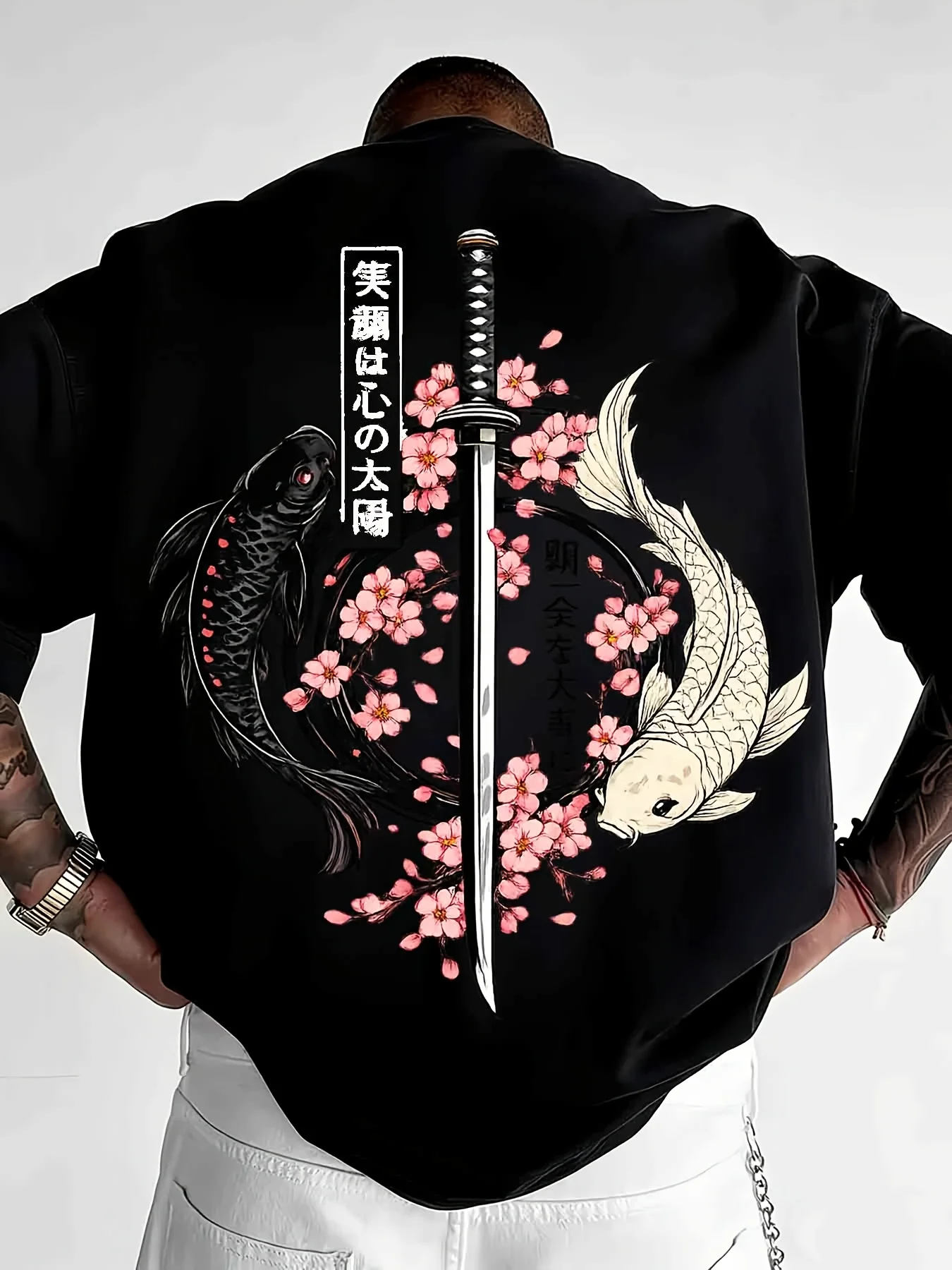 Camiseta Casual Holgada y Cómoda con Estampado de Flor de Cerezo, Tatuaje de Pez Carpa y Espada, Diseño Japonés de Samurái, a la Moda para Hombre y Mujer