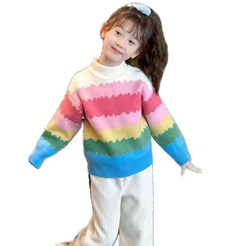 

Sweet Girl Colorful Rainbow Striped Sweater Cute Baby Kids Knit Clothing Fashion Child High Street Knitwear Outfit Age 4 To 14 Y