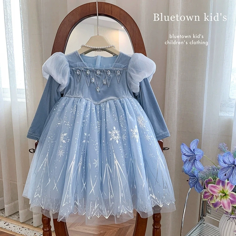 

Синее бархатное платье Эльзы на флисовой подкладке со съемным плащом, зимнее праздничное платье принцессы для девочек, костюм для малышек 18 месяцев - 9 лет