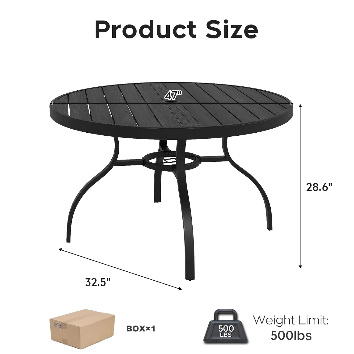 47” Patio Outdoor Dining Table, Wood-Grain Patio Round Table with Umbrella Hole, All-Weather Metal Dining Tables